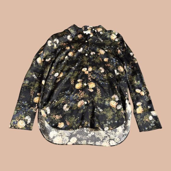 Vince Tops - Vince Blouse Womens Size XS Floral 100% Silk Black Long Sleeve Collared